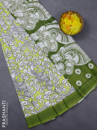 Kalamkari semi silk saree fluorescent green and green with allover prints and simple border