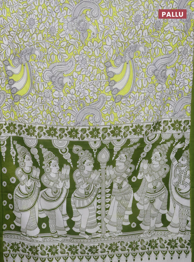 Kalamkari semi silk saree fluorescent green and green with allover prints and simple border