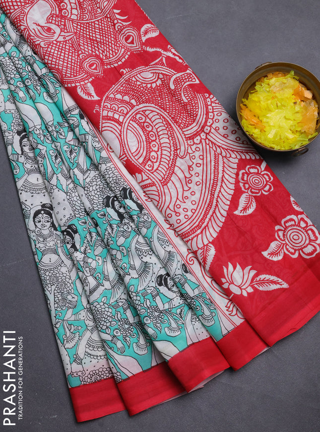 Kalamkari semi silk saree teal green and red with allover prints and simple border