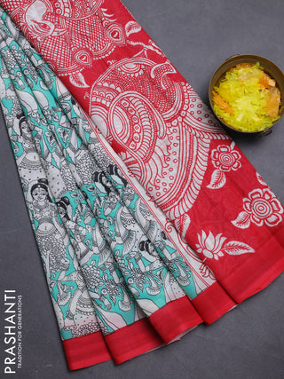 Kalamkari semi silk saree teal green and red with allover prints and simple border