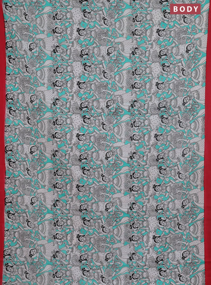 Kalamkari semi silk saree teal green and red with allover prints and simple border