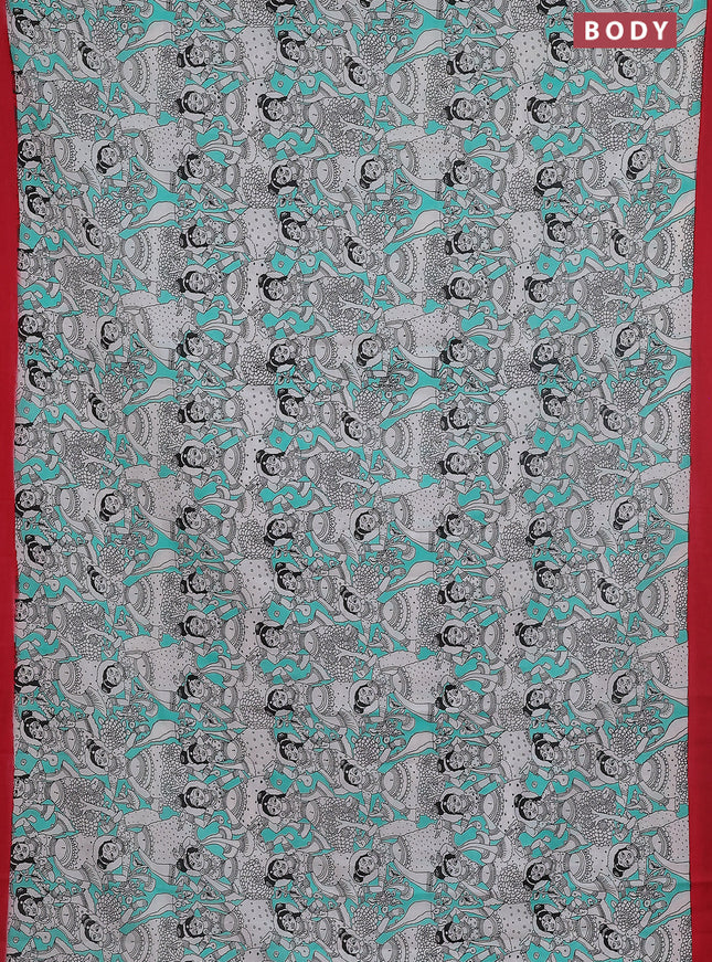 Kalamkari semi silk saree teal green and red with allover prints and simple border
