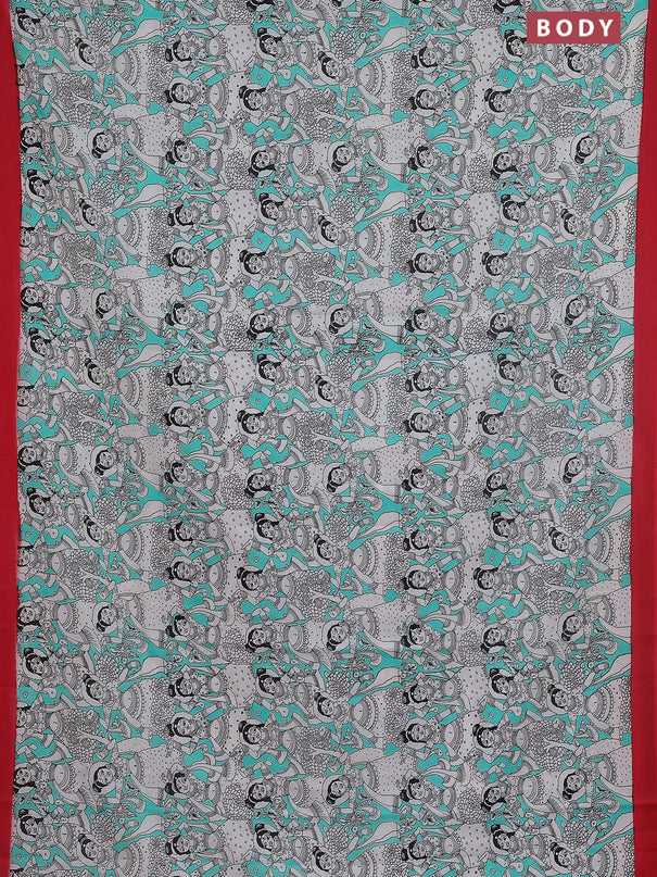 Kalamkari semi silk saree teal green and red with allover prints and simple border