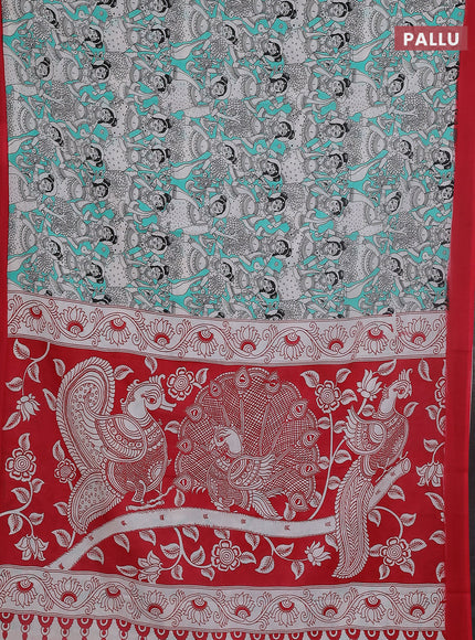 Kalamkari semi silk saree teal green and red with allover prints and simple border
