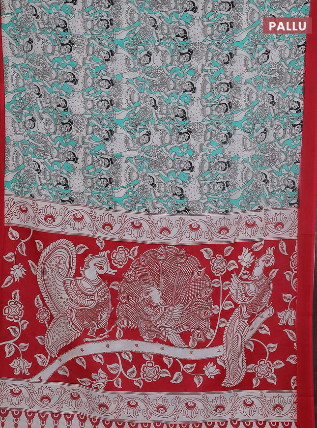 Kalamkari semi silk saree teal green and red with allover prints and simple border