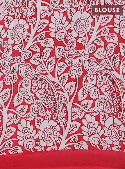 Kalamkari semi silk saree teal green and red with allover prints and simple border