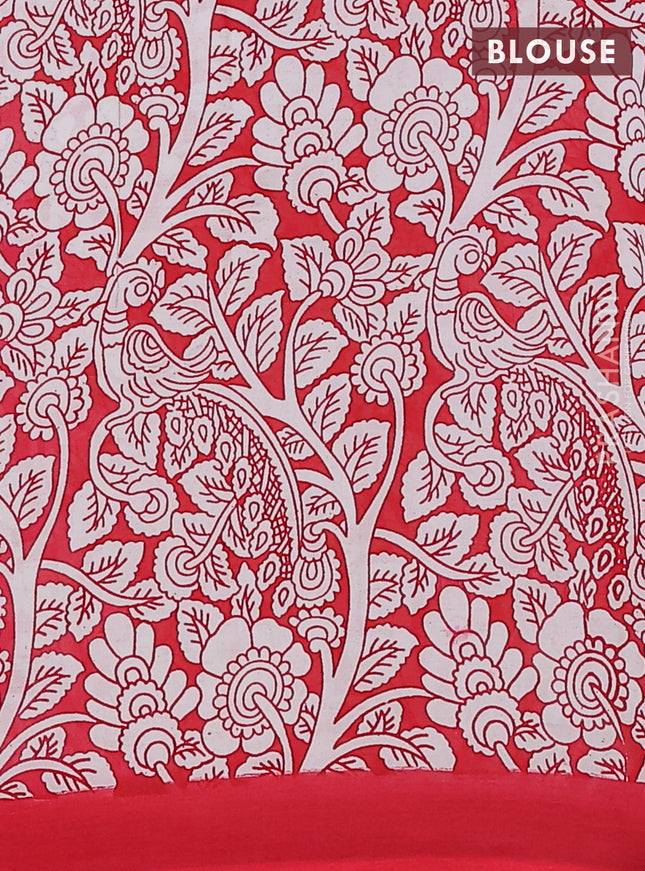 Kalamkari semi silk saree teal green and red with allover prints and simple border