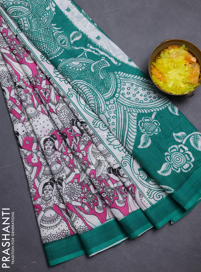 Kalamkari semi silk saree pink and green with allover prints and simple border