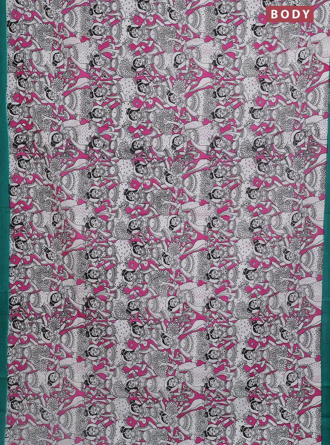 Kalamkari semi silk saree pink and green with allover prints and simple border