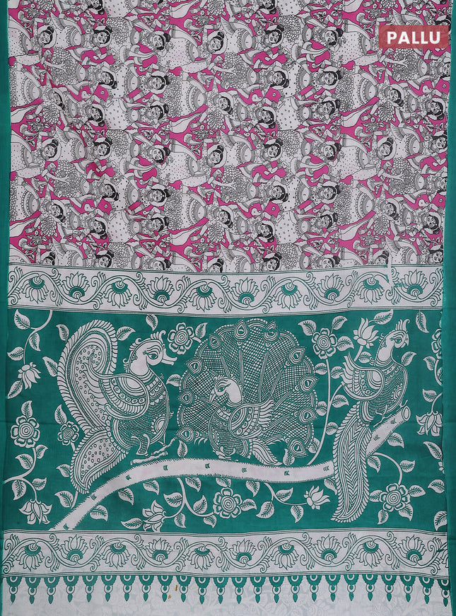 Kalamkari semi silk saree pink and green with allover prints and simple border