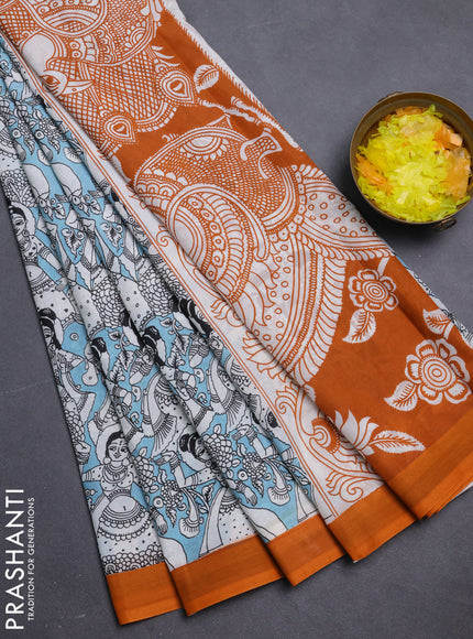 Kalamkari semi silk saree teal blue and orange with allover prints and simple border