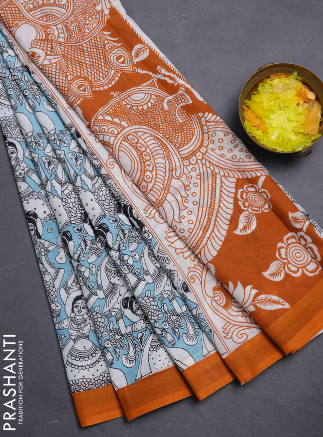 Kalamkari semi silk saree teal blue and orange with allover prints and simple border