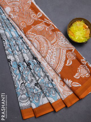 Kalamkari semi silk saree teal blue and orange with allover prints and simple border