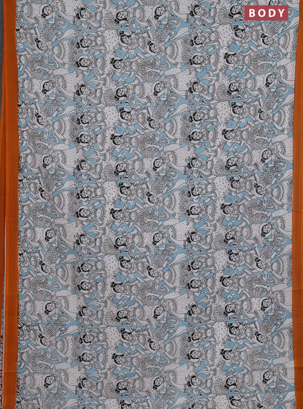 Kalamkari semi silk saree teal blue and orange with allover prints and simple border