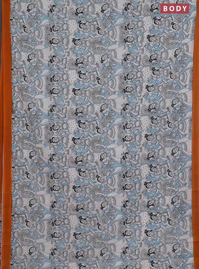 Kalamkari semi silk saree teal blue and orange with allover prints and simple border