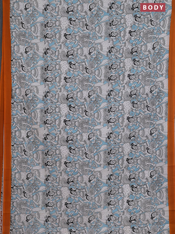 Kalamkari semi silk saree teal blue and orange with allover prints and simple border