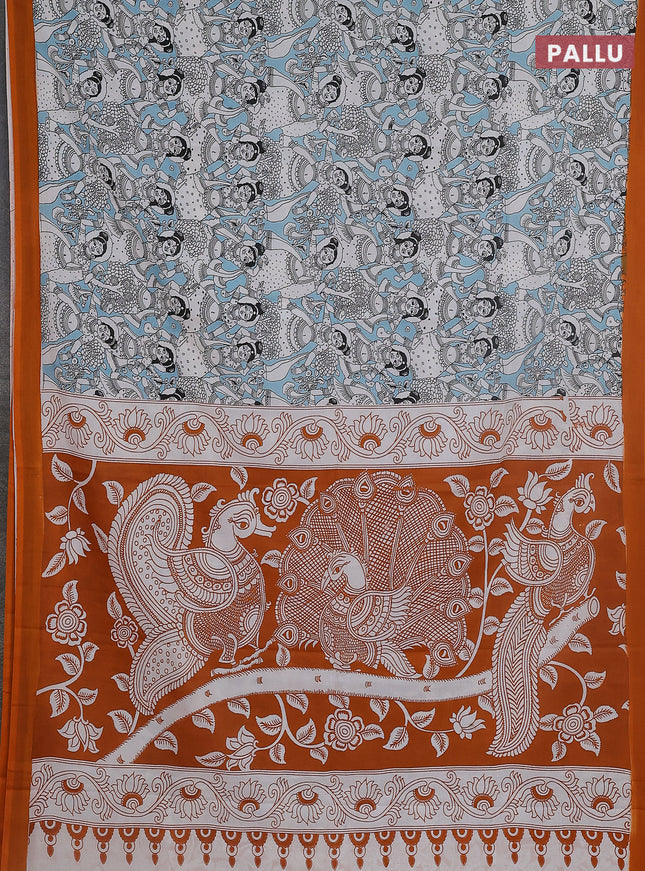 Kalamkari semi silk saree teal blue and orange with allover prints and simple border