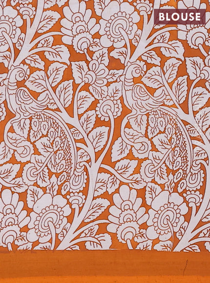 Kalamkari semi silk saree teal blue and orange with allover prints and simple border