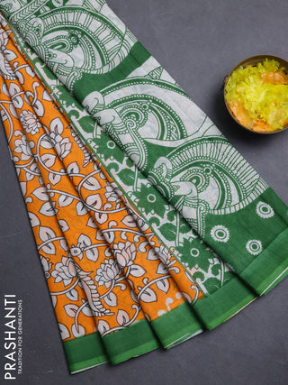 Kalamkari semi silk saree orange and green with allover prints and simple border