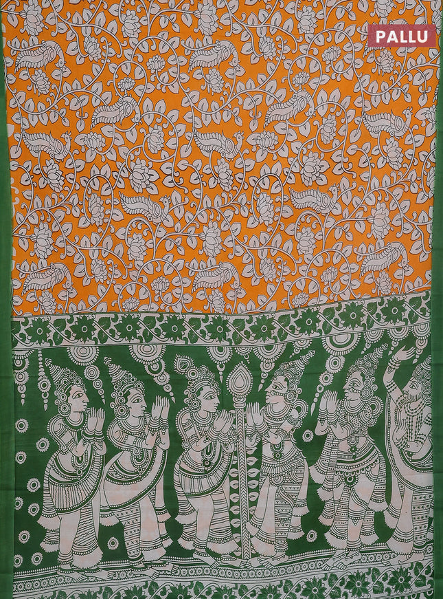 Kalamkari semi silk saree orange and green with allover prints and simple border