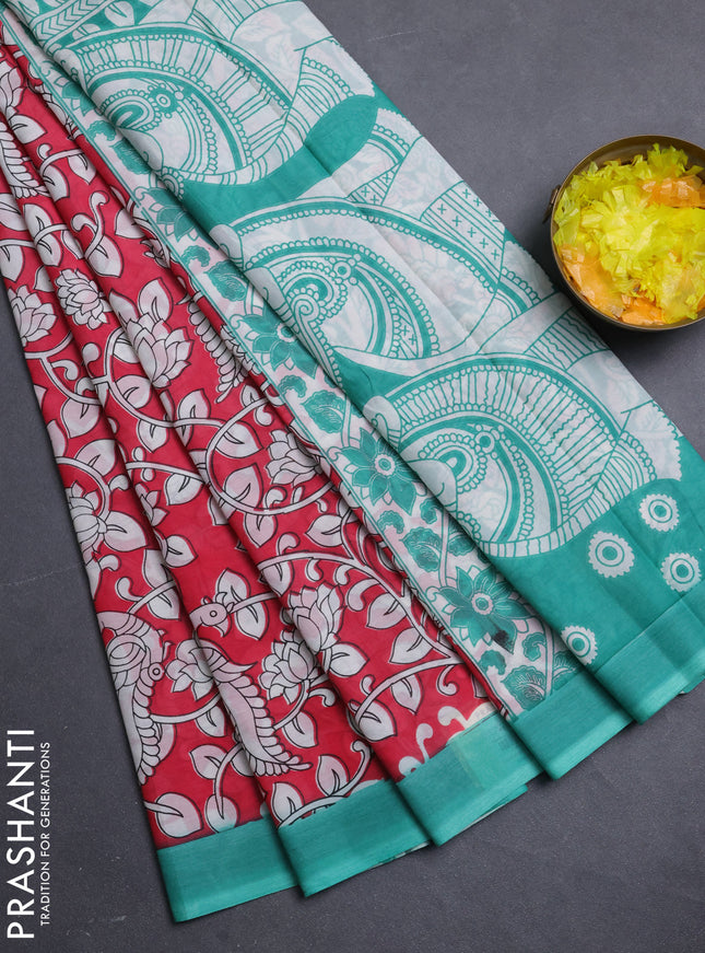 Kalamkari semi silk saree pink and teal green with allover prints and simple border