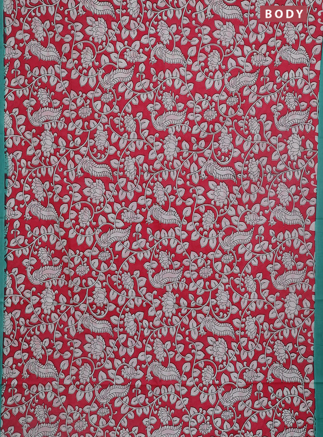 Kalamkari semi silk saree pink and teal green with allover prints and simple border