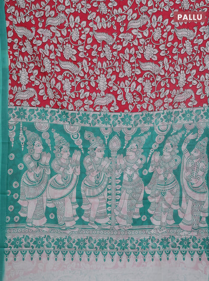 Kalamkari semi silk saree pink and teal green with allover prints and simple border