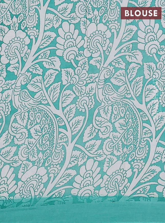 Kalamkari semi silk saree pink and teal green with allover prints and simple border