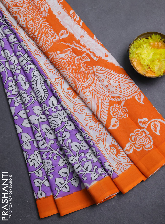 Kalamkari semi silk saree lavender and orange with allover prints and simple border