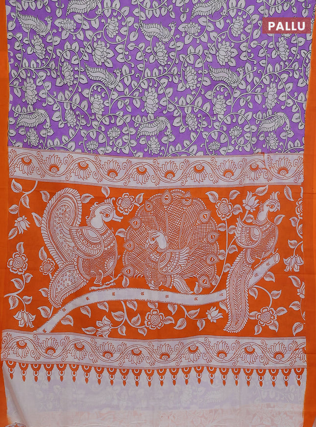 Kalamkari semi silk saree lavender and orange with allover prints and simple border