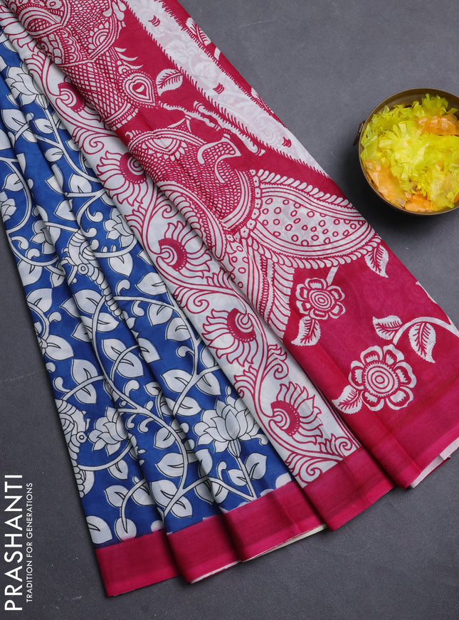 Kalamkari semi silk saree blue and pink with allover prints and simple border