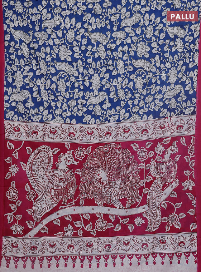Kalamkari semi silk saree blue and pink with allover prints and simple border