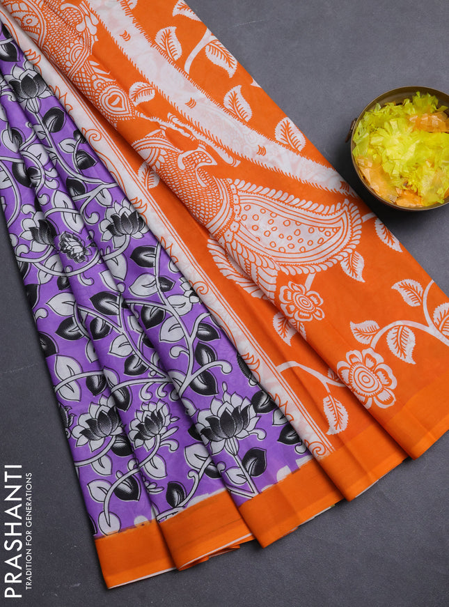 Kalamkari semi silk saree lavender and orange with allover prints and simple border