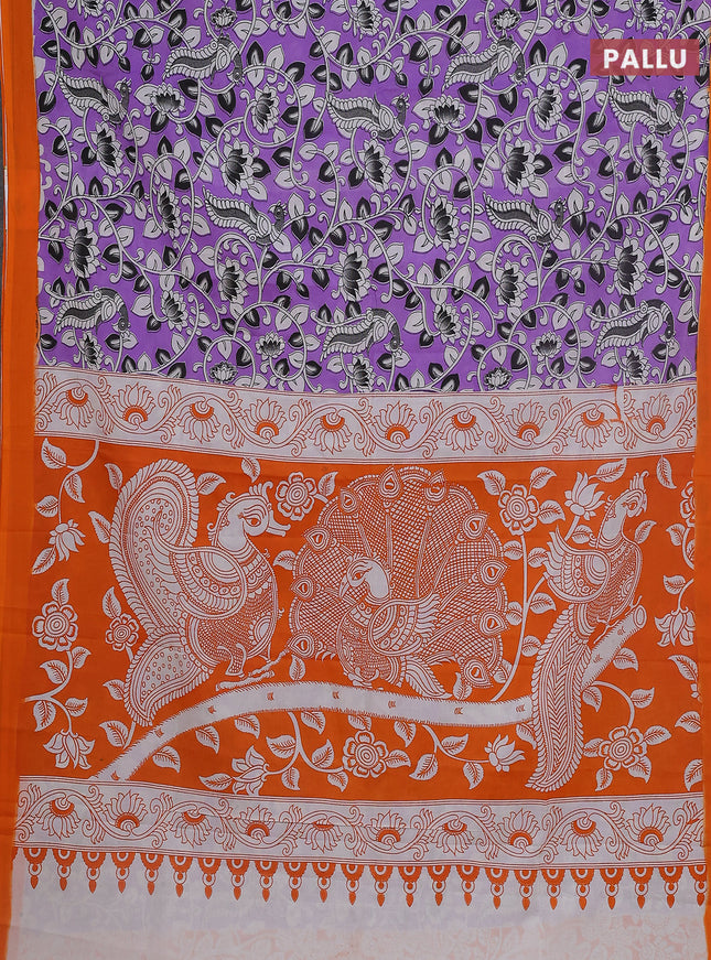 Kalamkari semi silk saree lavender and orange with allover prints and simple border