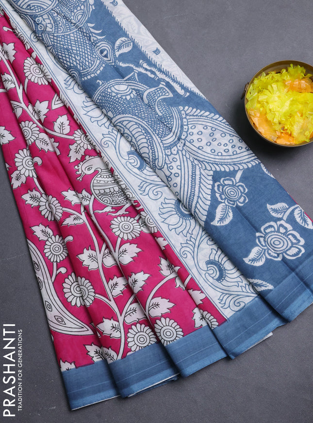Kalamkari semi silk saree pink and grey with allover prints and simple border