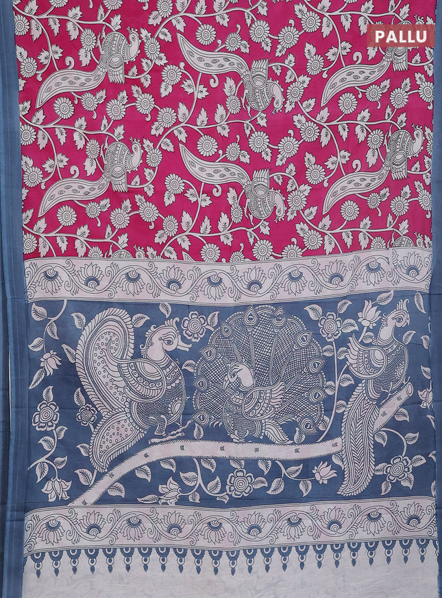 Kalamkari semi silk saree pink and grey with allover prints and simple border