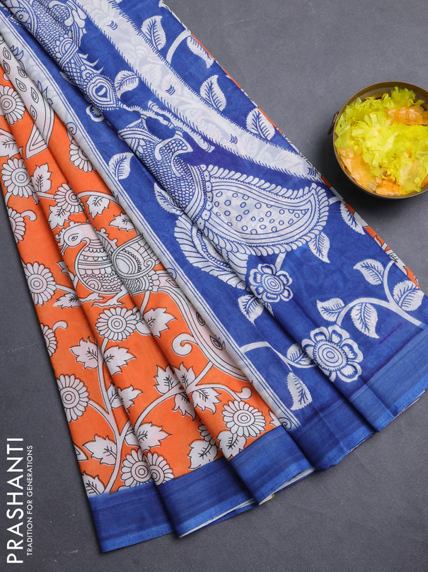 Kalamkari semi silk saree orange and blue with allover prints and simple border
