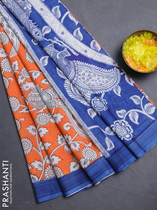 Kalamkari semi silk saree orange and blue with allover prints and simple border