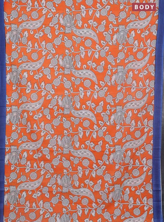 Kalamkari semi silk saree orange and blue with allover prints and simple border