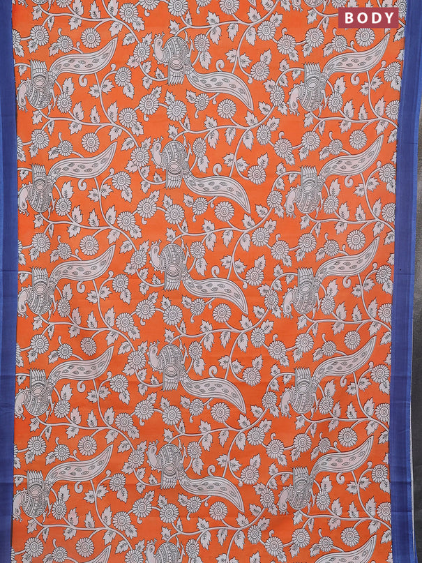 Kalamkari semi silk saree orange and blue with allover prints and simple border