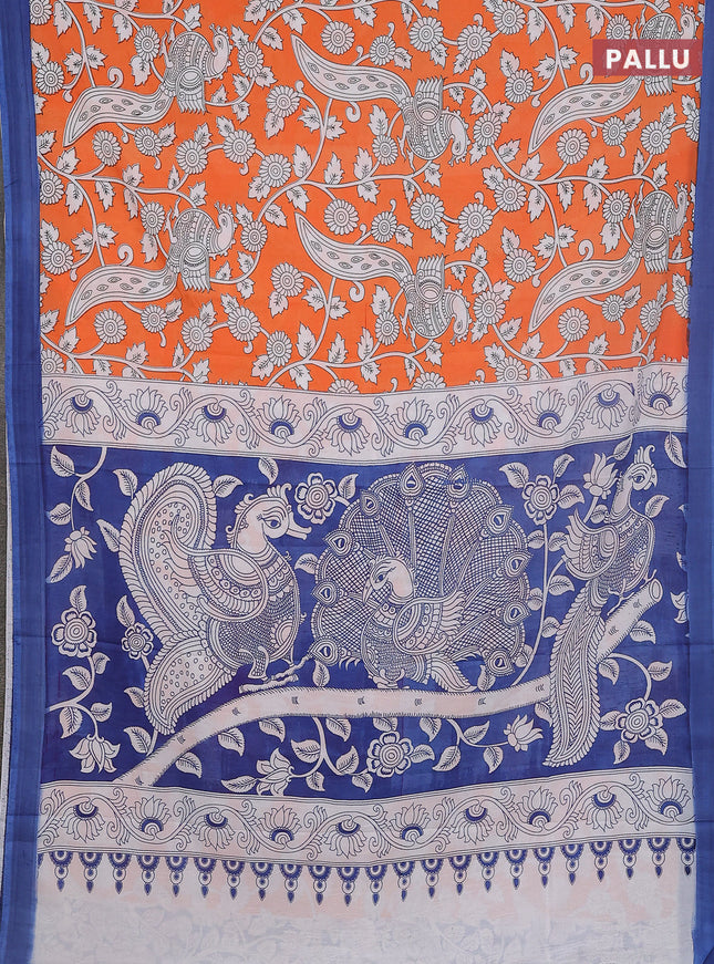 Kalamkari semi silk saree orange and blue with allover prints and simple border