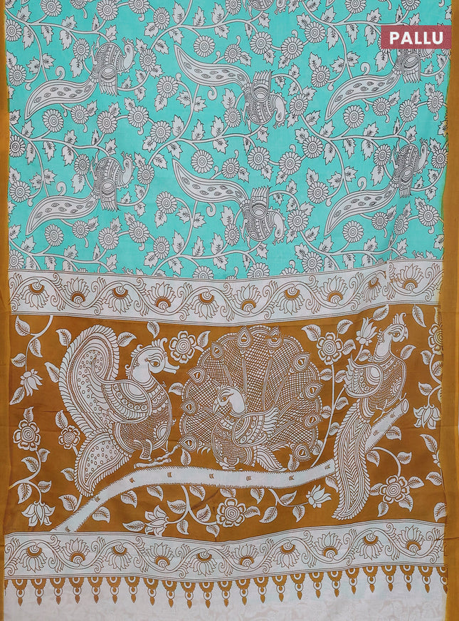 Kalamkari semi silk saree teal green and mustard yellow with allover prints and simple border