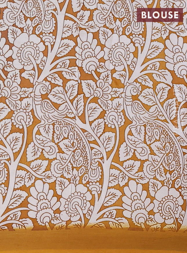 Kalamkari semi silk saree teal green and mustard yellow with allover prints and simple border