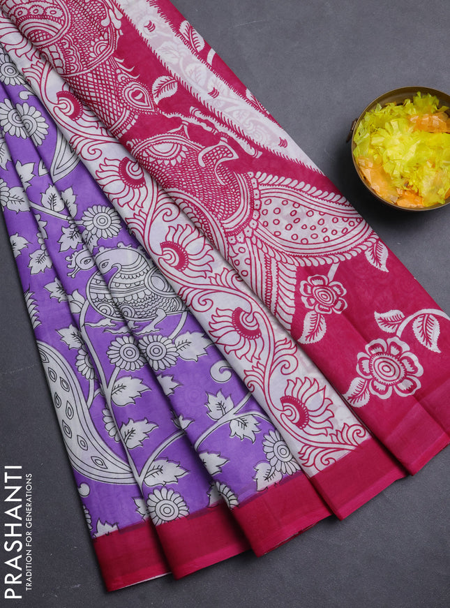 Kalamkari semi silk saree lavender and pink with allover prints and simple border