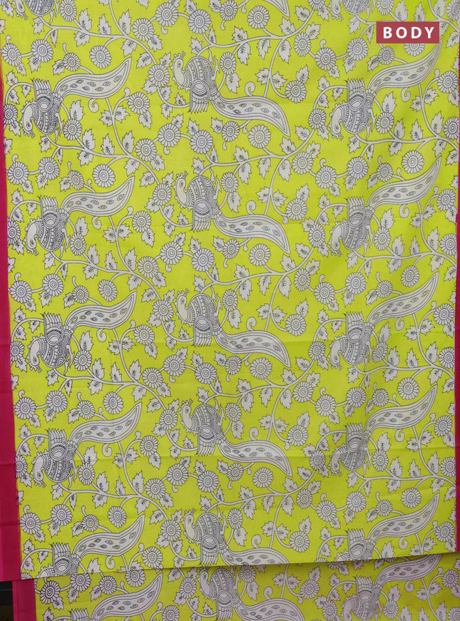 Kalamkari semi silk saree fluorescent green and pink with allover prints and simple border