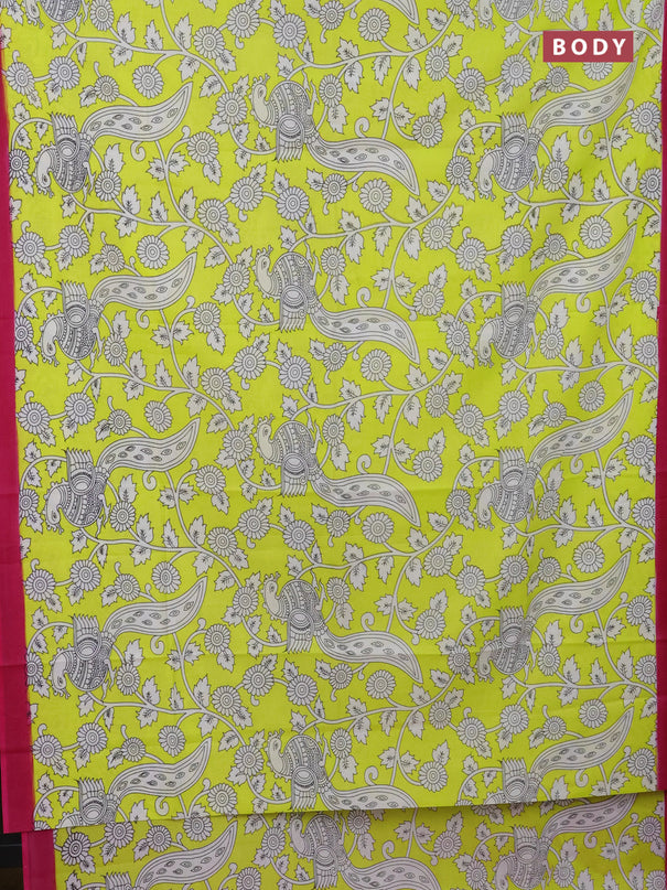 Kalamkari semi silk saree fluorescent green and pink with allover prints and simple border