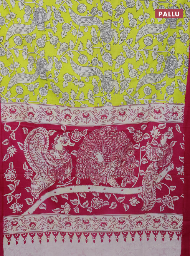 Kalamkari semi silk saree fluorescent green and pink with allover prints and simple border