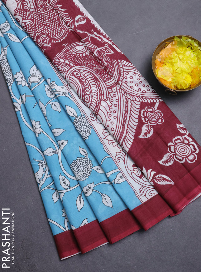 Kalamkari semi silk saree blue and maroon with allover prints and simple border