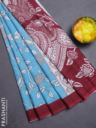 Kalamkari semi silk saree blue and maroon with allover prints and simple border