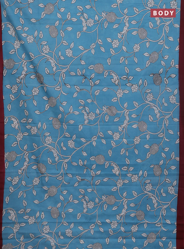 Kalamkari semi silk saree blue and maroon with allover prints and simple border